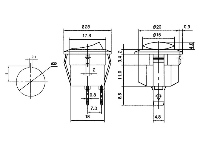 kolébkový spínač do panelu 1pól,O-I,kulatý,bílý